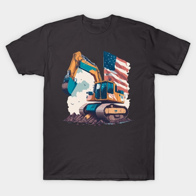 Excavator Dad Shirt American Flag T-Shirt by Schka